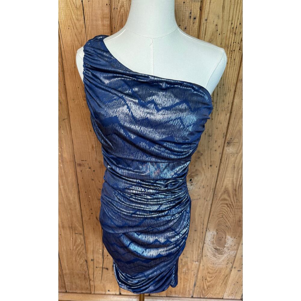 Studio Small Blue Silver Metallic One Shoulder Ruched Cocktail Dress NWT - Picture 2 of 11
